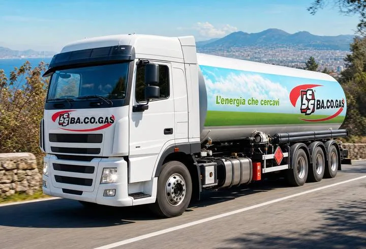 Autobotte Bacogas su strada panoramica con il golfo di Napoli e il Vesuvio sullo sfondo
