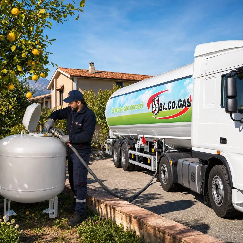 Tecnico Bacogas che rifornisce un serbatoio GPL residenziale, autobotte Bacogas accanto